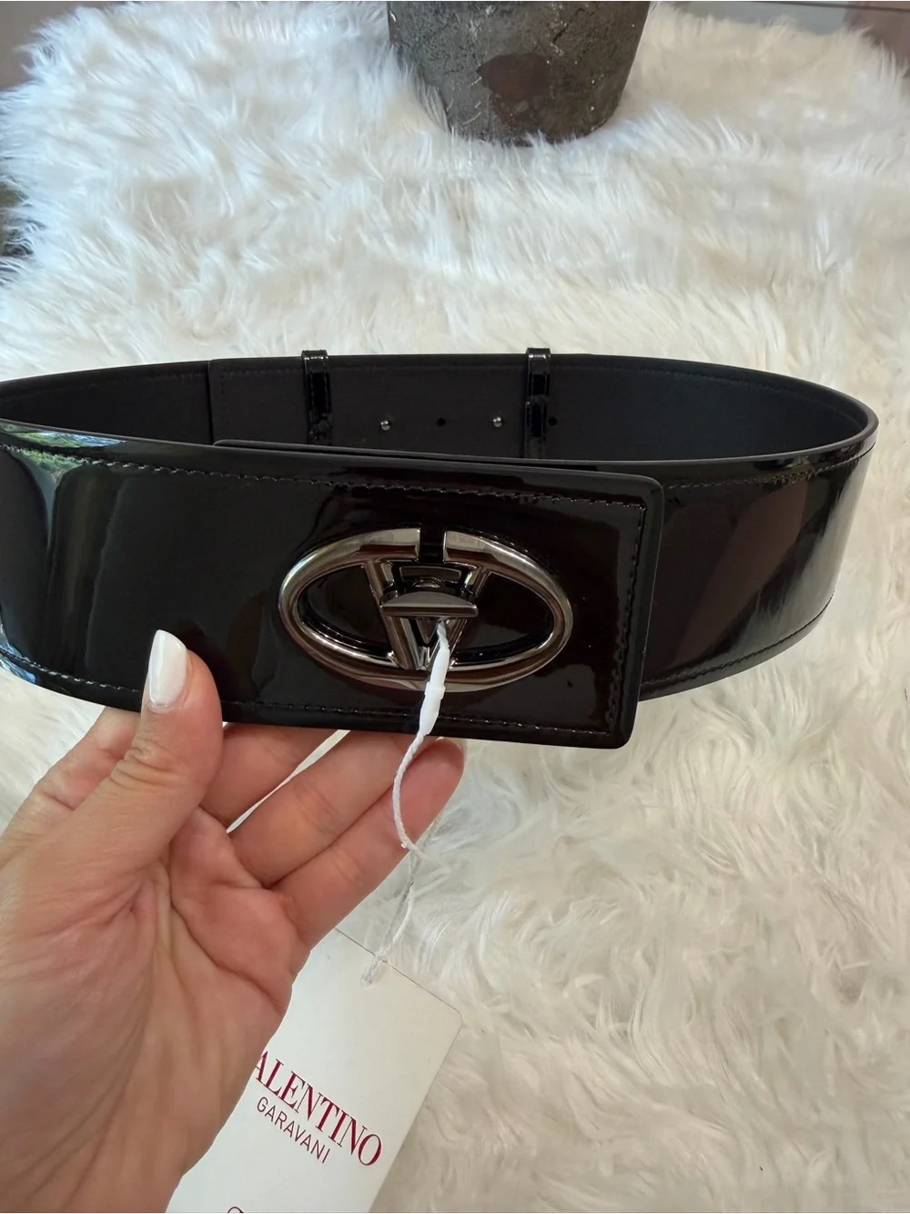 Valentino Garavani Black Patent Leather Wide Waist Belt with Silver Logo Buckle